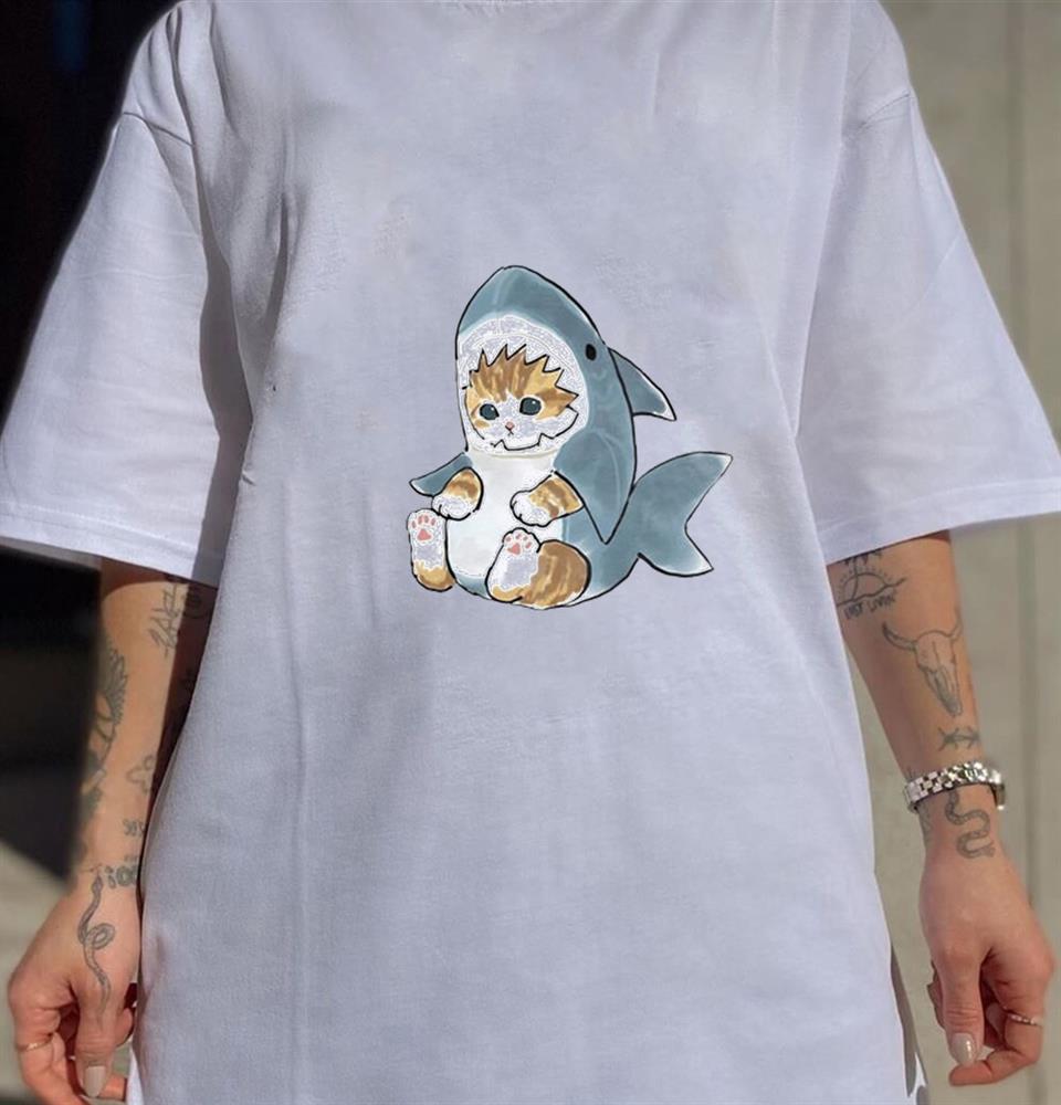 ESC BUTİK Shark Cat Beyaz Unisex Oversize T-shirt