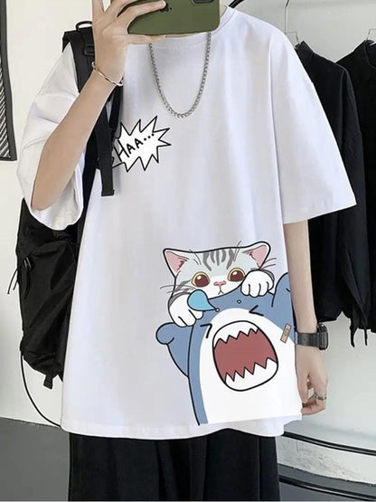 ESC BUTİK Shark & Cat Beyaz Unisex T-shirt