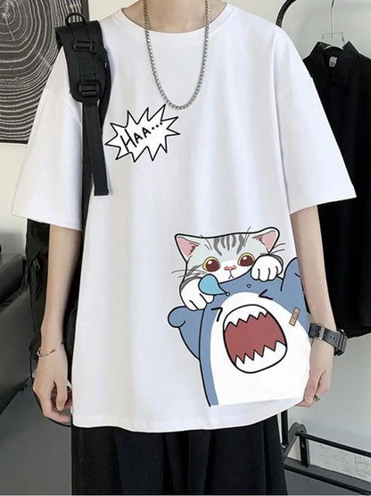 ESC BUTİK Shark & Cat Beyaz Unisex T-shirt