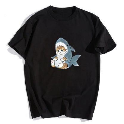 ESC BUTİK Shark Cat Siyah Unisex Oversize T-shirt