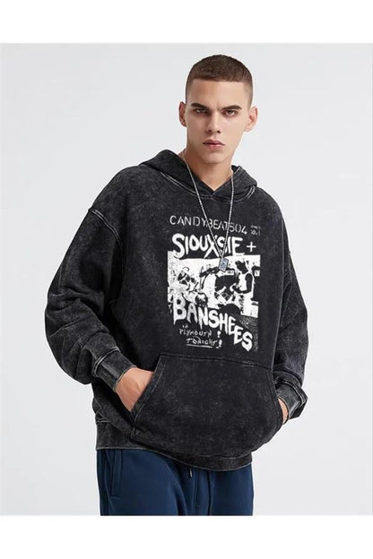 ESC BUTİK Siouxsie Banshees Baskılı Yıkamalı Vintage Unisex Oversize Kapüşonlu Sweatshirt