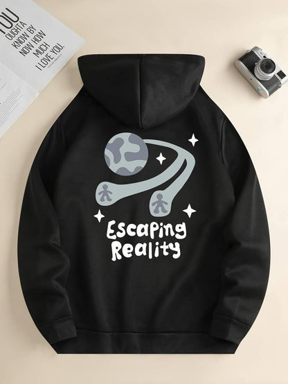 ESC BUTİK Sırt Baskılı Escaping Reality Siyah Kapşonlu Sweatshirt