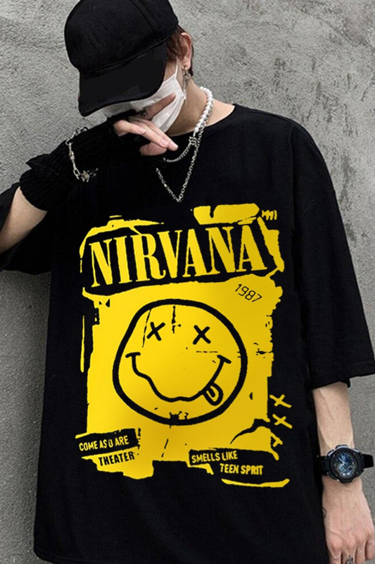 ESC BUTİK Siyah Renk Nirvana Baskılı Geniş Kesim Unisex Rock Metal T-shirt