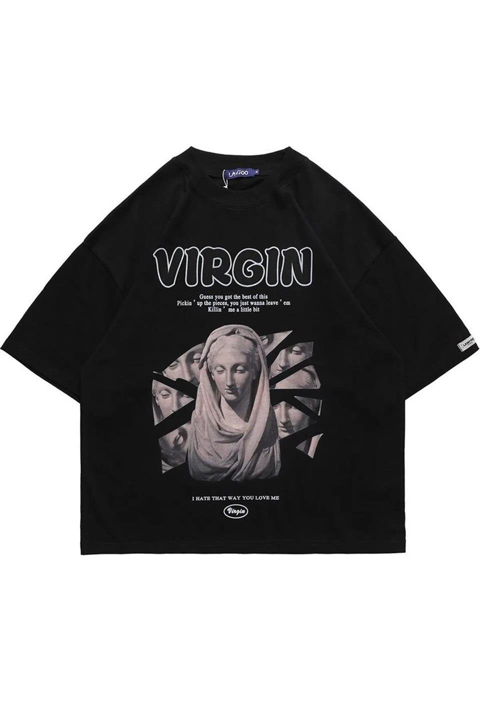 ESC BUTİK Siyah Virgin Baskılı Oversize T-Shirt