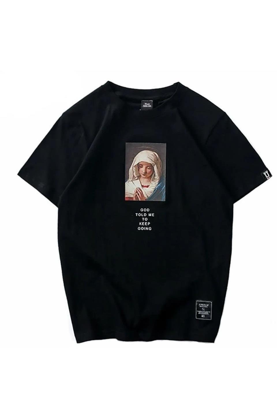 ESC BUTİK Siyah Virgin Mary Baskılı Oversize T-Shirt