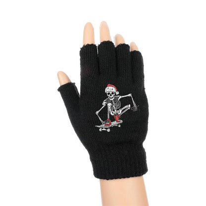 ESC BUTİK Skateboarder Skeleton Baskılı Unisex Siyah Kesik Çift Eldiven