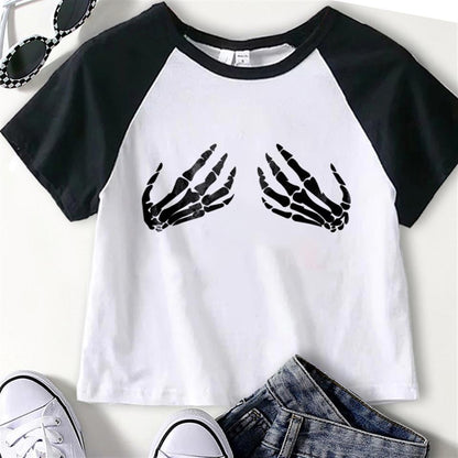 ESC BUTİK Skeleton Hands Baskılı Reglan Kol Beyaz Crop