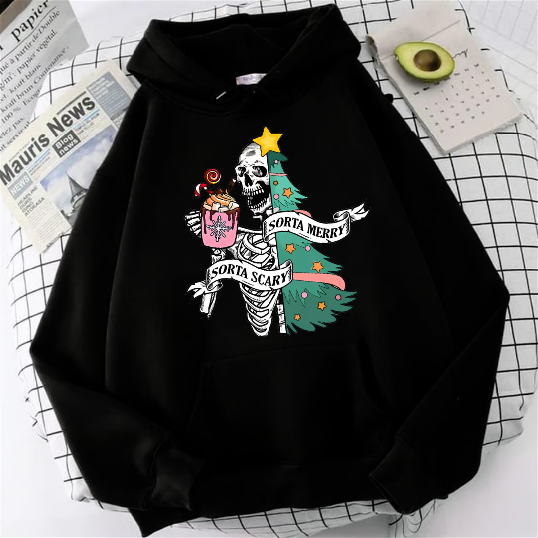 ESC BUTİK Skeleton Noel Baskılı Siyah Unisex Oversize Kapüşonlu Sweatshirt