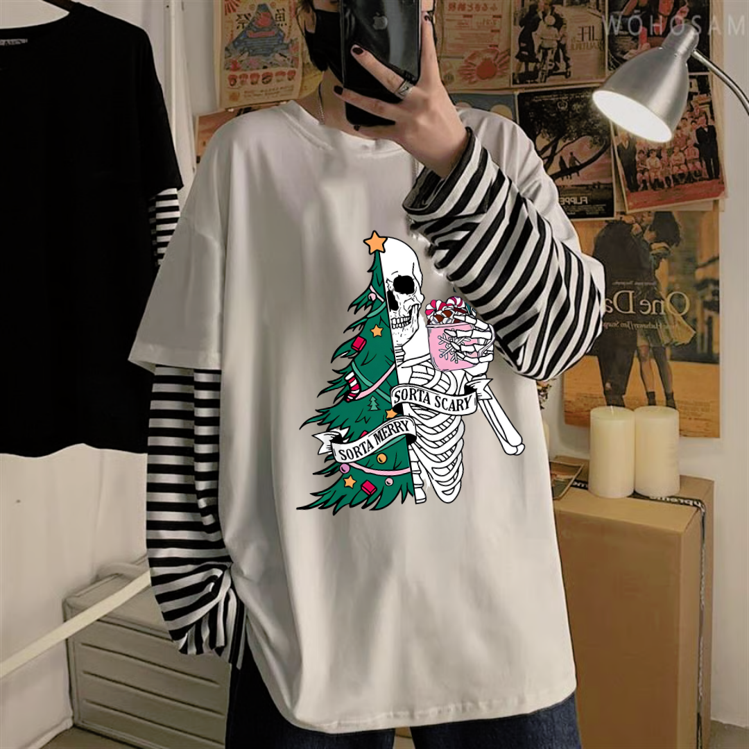 ESC BUTİK Skeleton Tree Baskılı Fake Sleeves Unisex Beyaz T-shirt