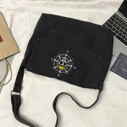 ESC BUTİK Skull Compass Baskılı Vintage Unisex Gri Kot Postacı Çantası