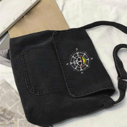 ESC BUTİK Skull Compass Baskılı Vintage Unisex Gri Kot Postacı Çantası