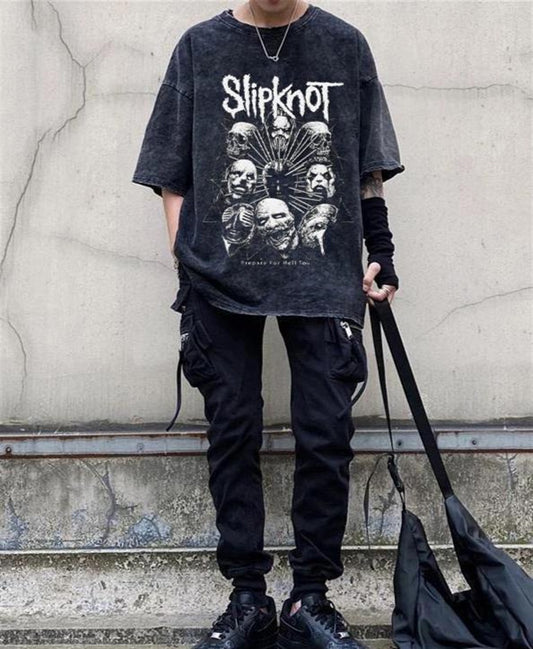 ESC BUTİK Rock Serisi Yıkamalı Slipknot Eskitme Unisex T-shirt