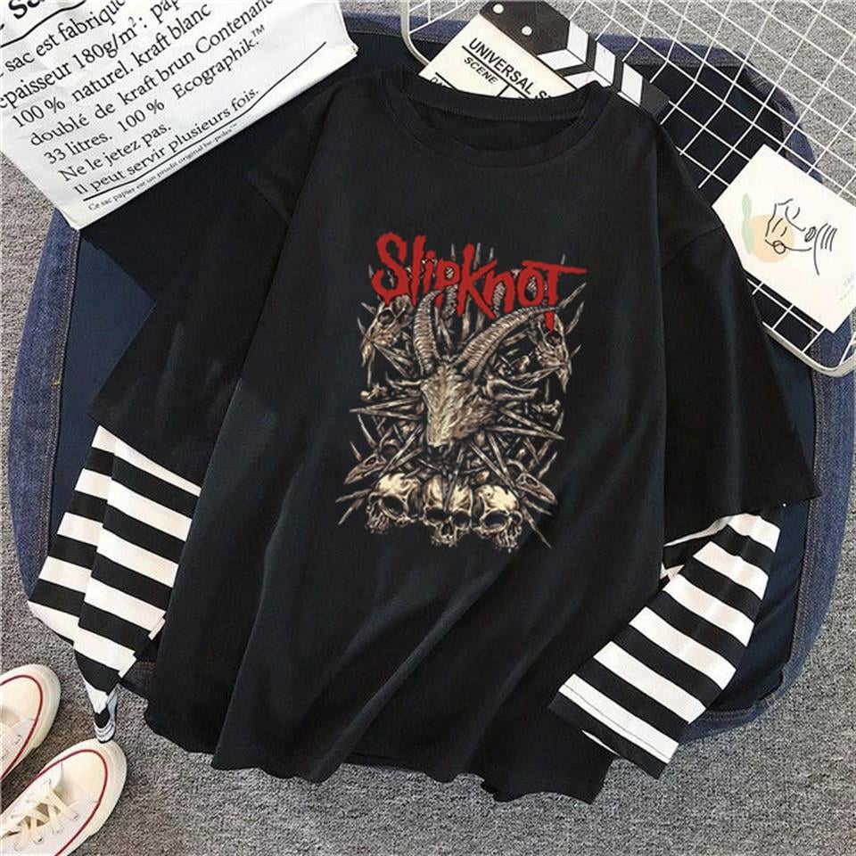 ESC BUTİK Slipknot Goat & Skulls Baskılı Fake Sleeves Unisex Siyah T-shirt