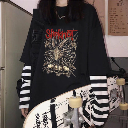 ESC BUTİK Slipknot Goat & Skulls Baskılı Fake Sleeves Unisex Siyah T-shirt