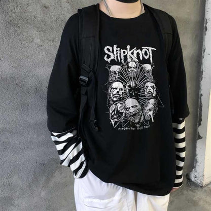 ESC BUTİK Slipknot Heads Baskılı Fake Sleeves Unisex Siyah T-shirt