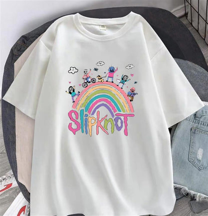 ESC BUTİK Slipknot Rainbow Baskılı Beyaz Unisex Oversize T-shirt