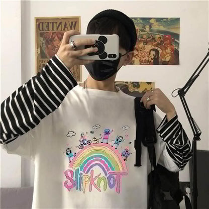 ESC BUTİK Slipknot Rainbow Baskılı Fake Sleeves Unisex Beyaz T-shirt