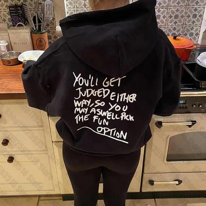 ESC BUTİK Slogan Baskılı Siyah Kapşonlu Sweatshirt