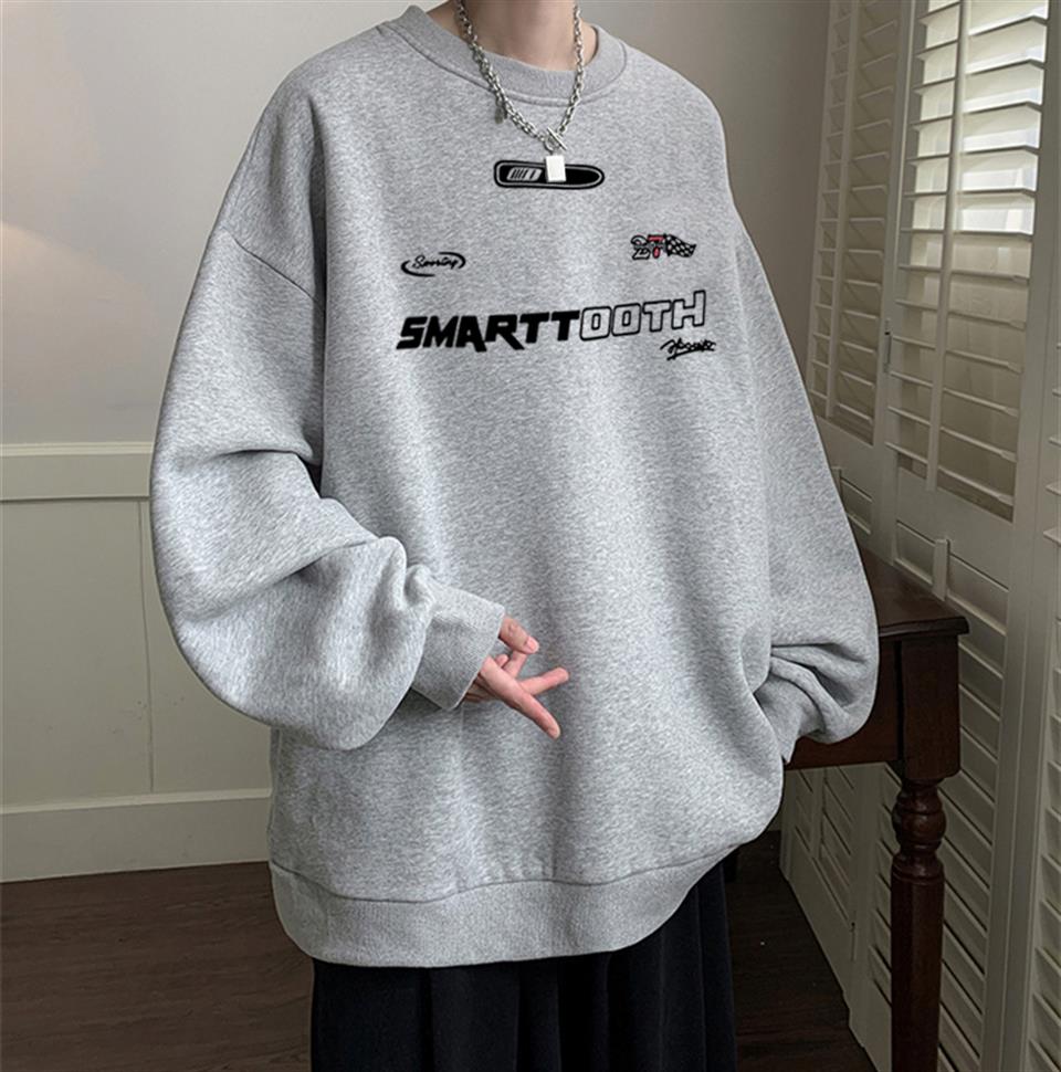 ESC BUTİK Smarttooth Baskılı Gri Unisex Oversize Bisiklet Yaka Sweatshirt