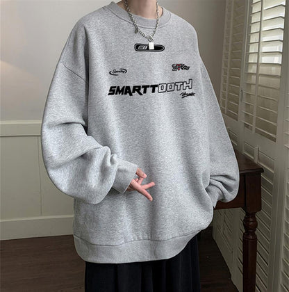 ESC BUTİK Smarttooth Baskılı Gri Unisex Oversize Bisiklet Yaka Sweatshirt