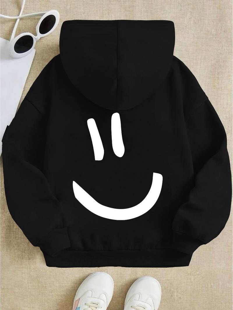 ESC BUTİK Smile Back Baskılı Siyah Kapşonlu Sweatshirt