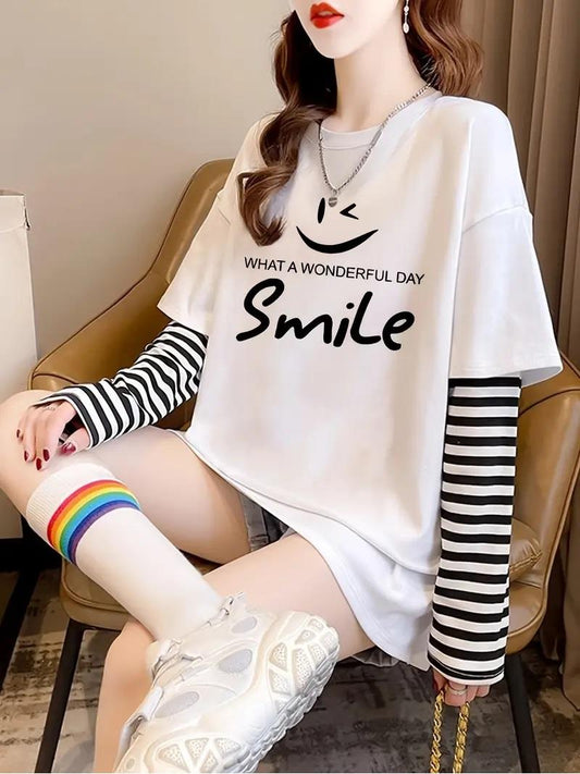 ESC BUTİK Smile Fake Sleeves Unisex Uzun Kollu Beyaz T-Shirt