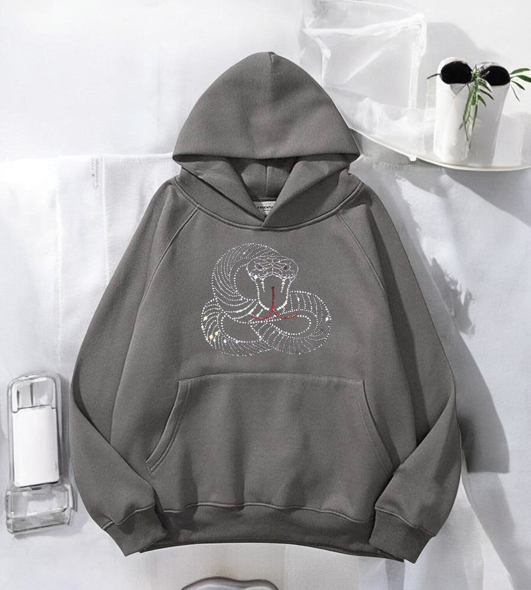 ESC BUTİK Snake Web Taş İşleme Detail Baskılı Kapşonlu Sweatshirt