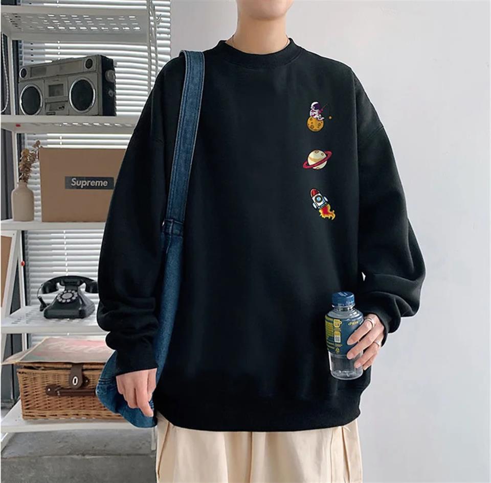 ESC BUTİK Space Things Baskılı Siyah Unisex Oversize Bisiklet Yaka Sweatshirt