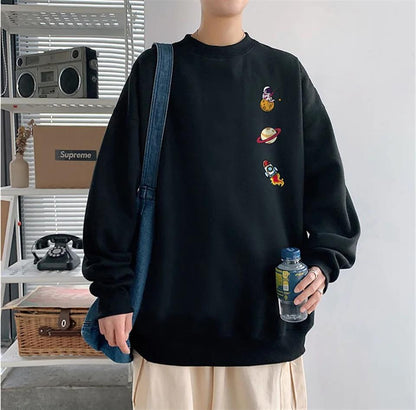 ESC BUTİK Space Things Baskılı Siyah Unisex Oversize Bisiklet Yaka Sweatshirt