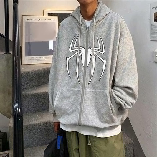 ESC BUTİK Spider Baskılı Oversize Fermuarlı Gri Unisex Kapüşonlu Hırka