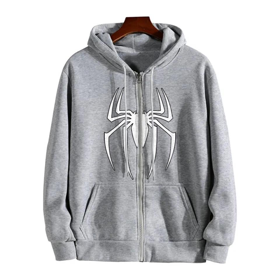 ESC BUTİK Spider Baskılı Oversize Fermuarlı Gri Unisex Kapüşonlu Hırka