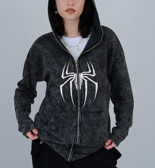 ESC BUTİK Spider Baskılı Vintage Yıkamalı Full Zip Detail Unisex Oversize Kapüşonlu Hırka