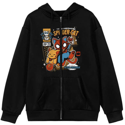 ESC BUTİK Spider-Cat Baskılı Oversize Fermuarlı Siyah Unisex Kapüşonlu Hırka