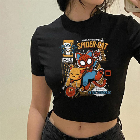 ESC BUTİK Spider-Cat Baskılı Siyah Crop