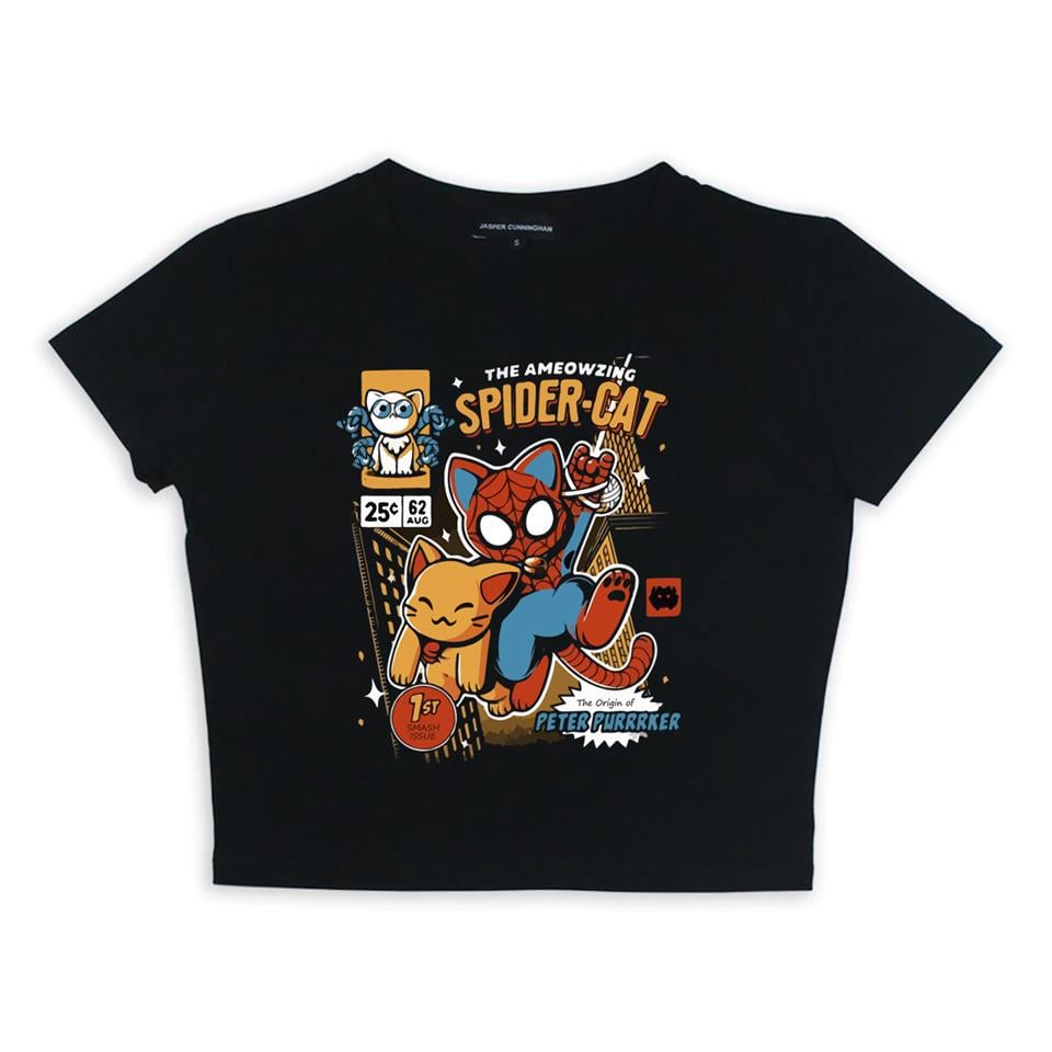 ESC BUTİK Spider-Cat Baskılı Siyah Crop