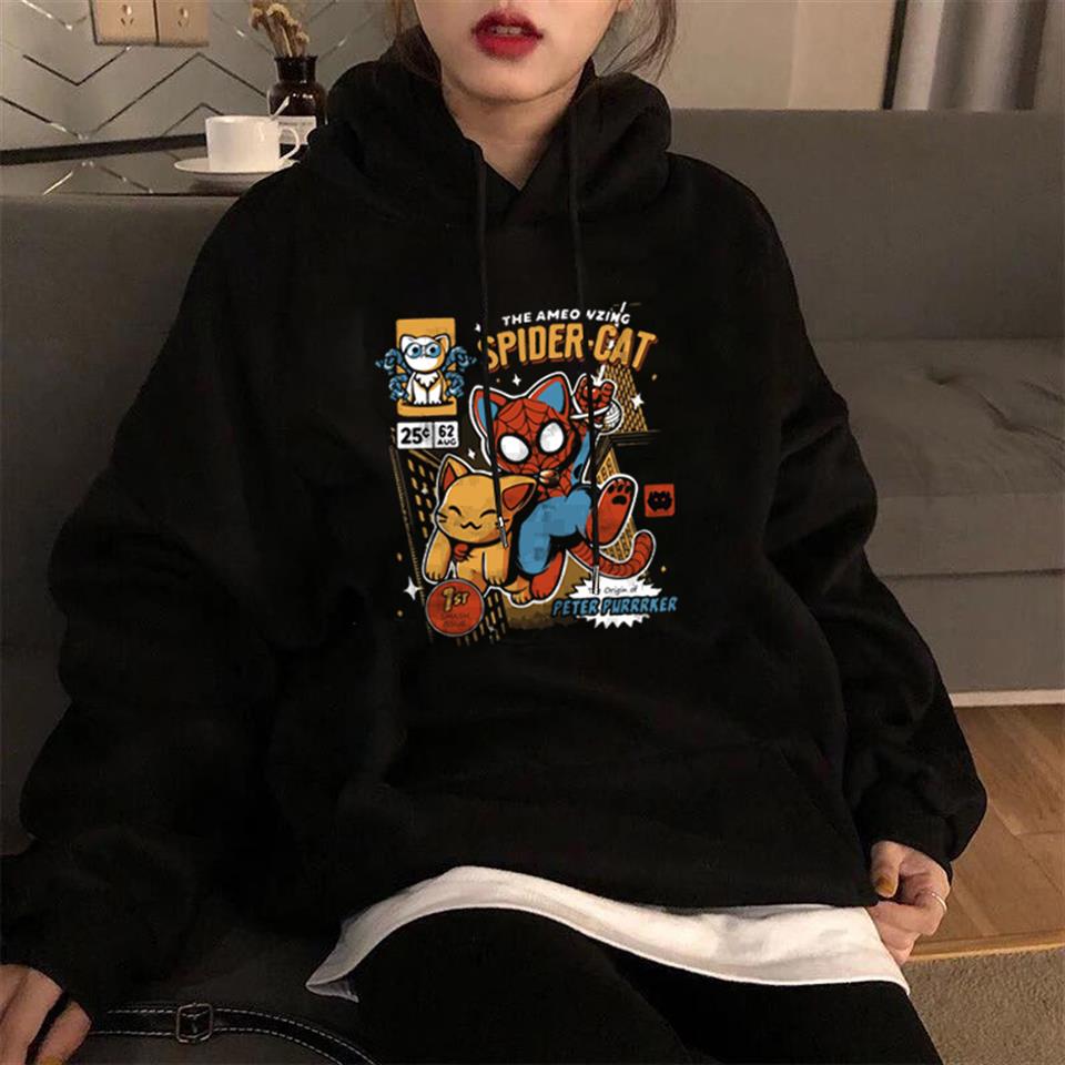 ESC BUTİK Spider-Cat Baskılı Siyah Unisex Oversize Kapüşonlu Sweatshirt