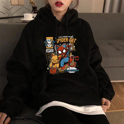 ESC BUTİK Spider-Cat Baskılı Siyah Unisex Oversize Kapüşonlu Sweatshirt