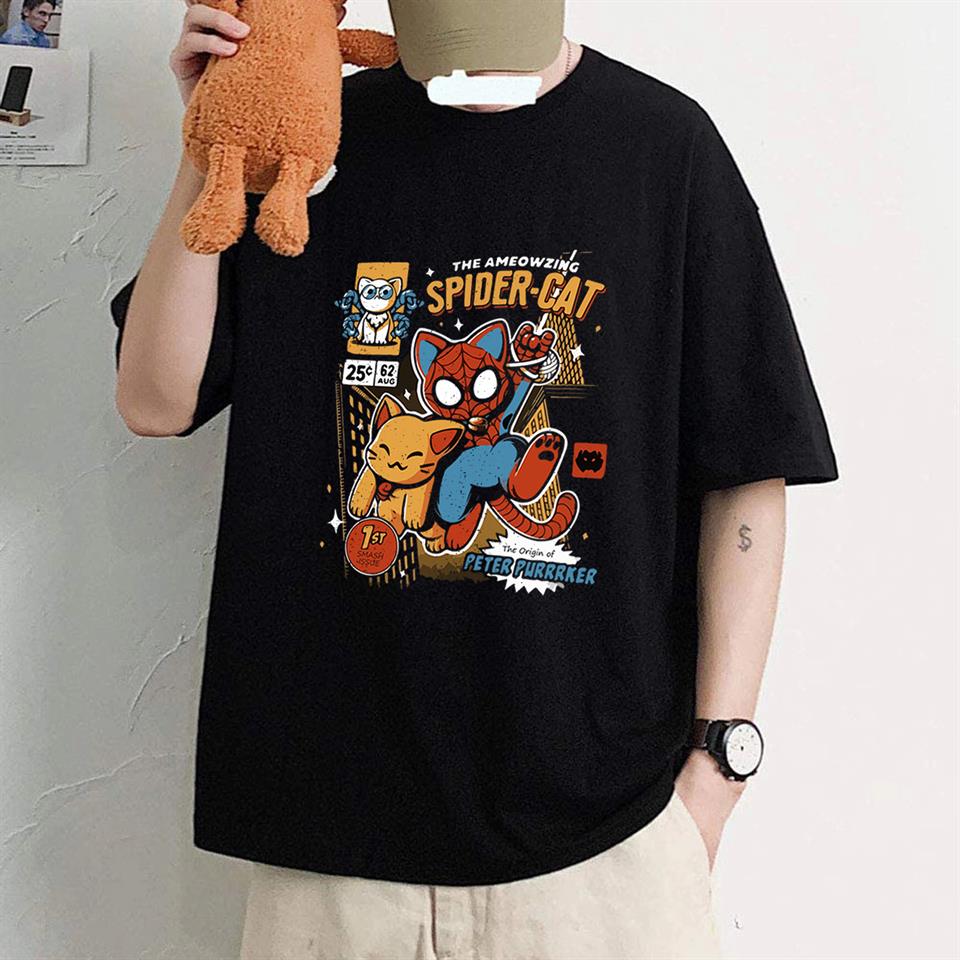 ESC BUTİK Spider-Cat Baskılı Siyah Unisex Oversize T-shirt