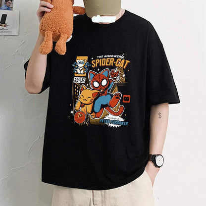 ESC BUTİK Spider-Cat Baskılı Siyah Unisex Oversize T-shirt