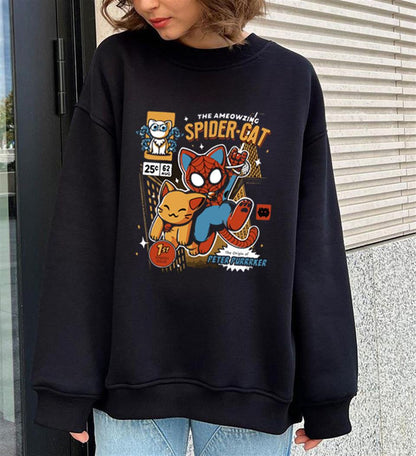 ESC BUTİK Spider-Cat Baskılı Siyah Unisex Oversize Bisiklet Yaka Sweatshirt