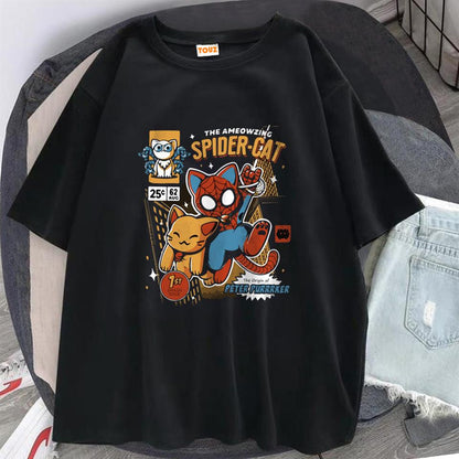 ESC BUTİK Spider-Cat Baskılı Siyah Unisex Oversize T-shirt