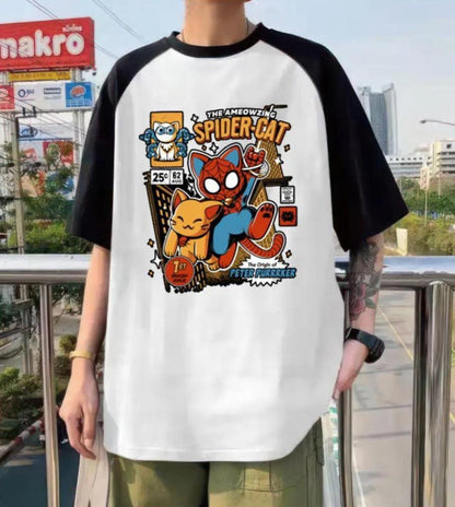 ESC BUTİK Spider Cat Beyaz Reglan Kol Oversize T-shirt