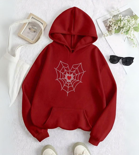 ESC BUTİK Spider Heart Taş İşleme Detail Baskılı Kırmızı Kapşonlu Sweatshirt