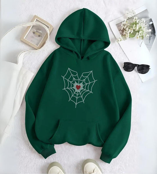 ESC BUTİK Spider Heart Taş İşleme Detail Baskılı Yeşil Kapşonlu Sweatshirt