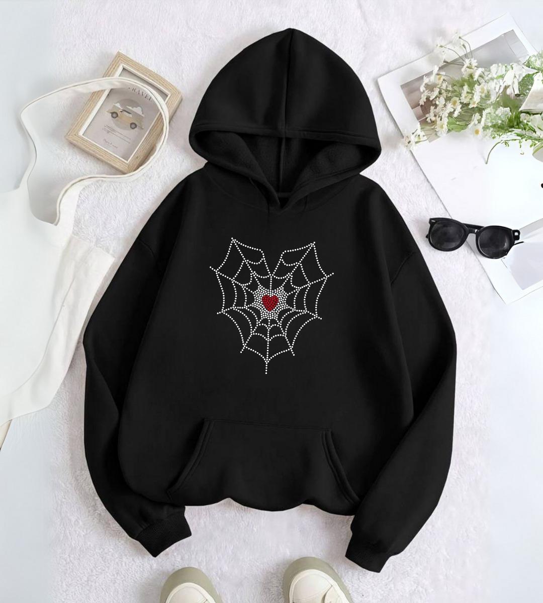 ESC BUTİK Spider Heart Taş İşleme Detail Baskılı Kapşonlu Sweatshirt