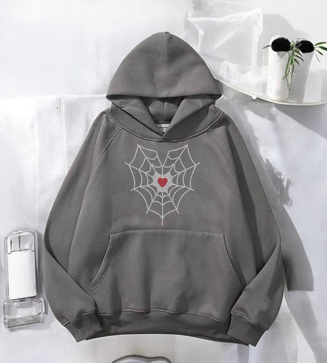 ESC BUTİK Spider Heart Taş İşleme Detail Baskılı Antrasit Kapşonlu Sweatshirt