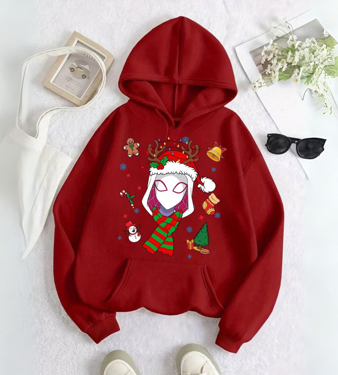 ESC BUTİK  Spider Man & Girl Çift Merry Christmas Baskılı Kapşonlu Sweatshirt