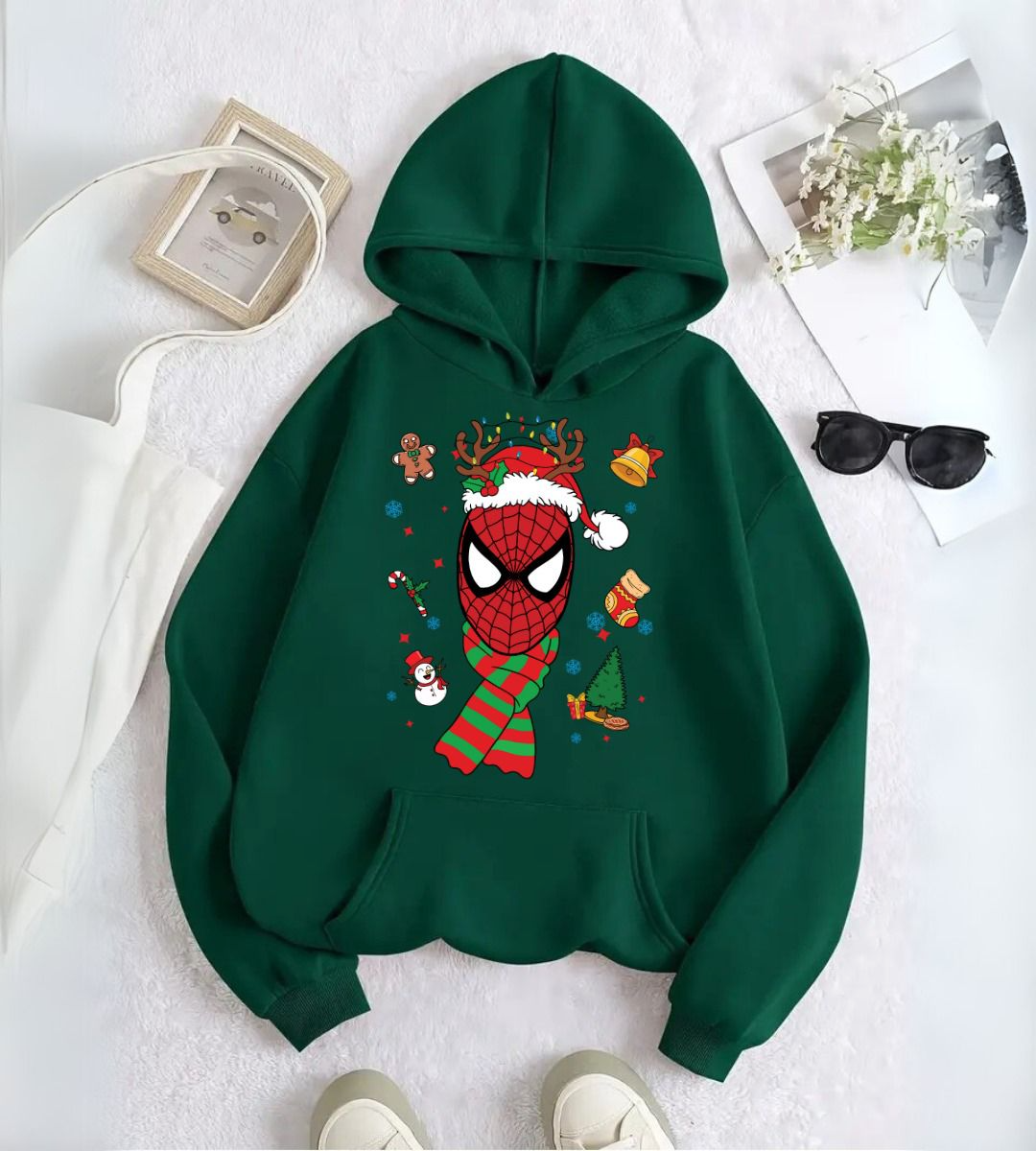 ESC BUTİK  Spider Man & Girl Çift Merry Christmas Baskılı Kapşonlu Sweatshirt