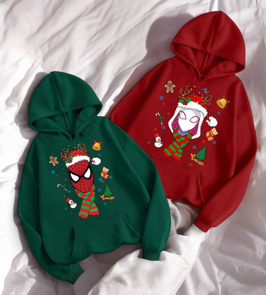 ESC BUTİK  Spider Man & Girl Çift Merry Christmas Baskılı Kapşonlu Sweatshirt