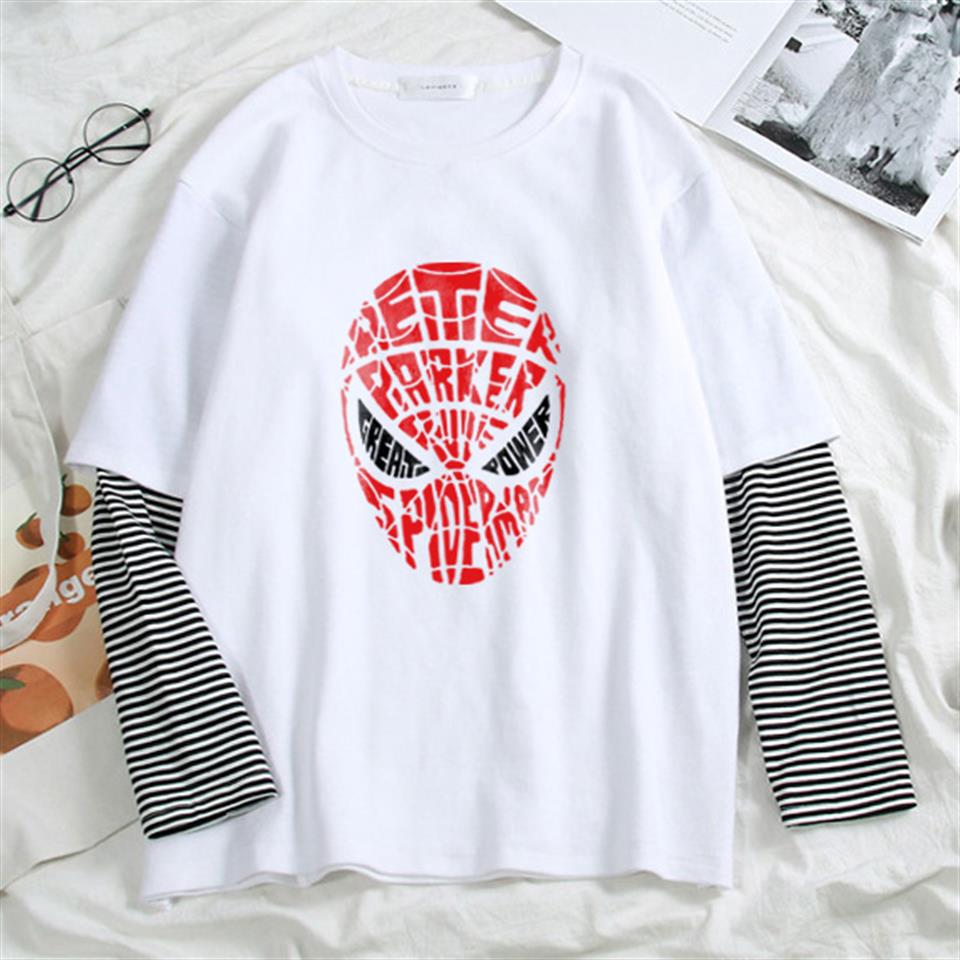 ESC BUTİK Spider-Man Head Baskılı Fake Sleeves Unisex Beyaz T-shirt